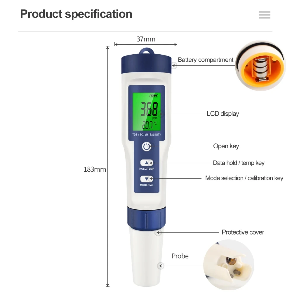 5-in-1 Digital PH TDS EC Salin - огляд і ціна Ec Meter Digital